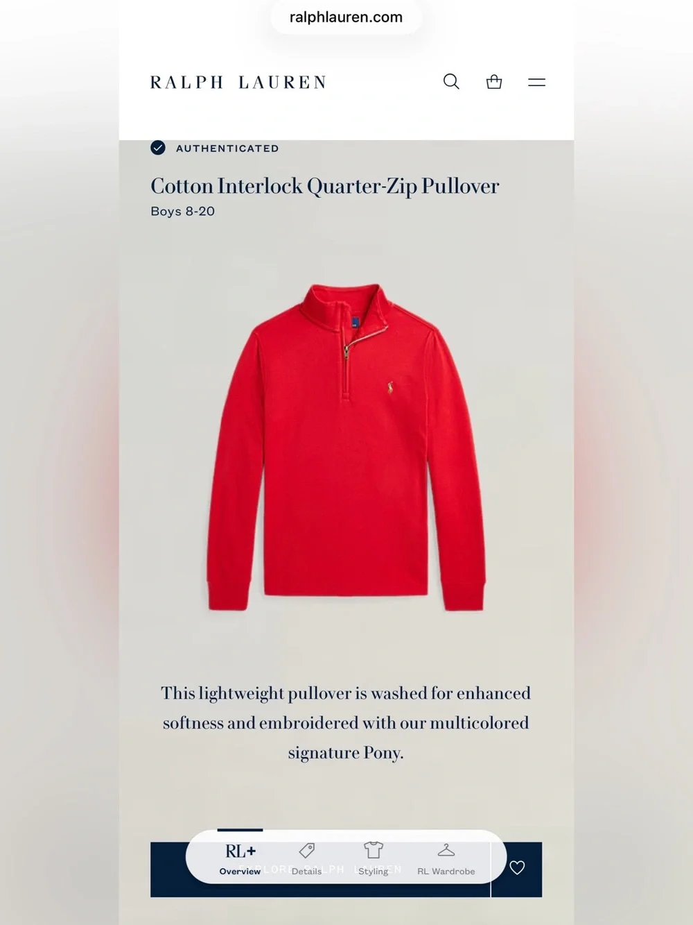 Ralph Lauren Cotton Interlock Quarter-Zip Pullover, Color: Red, Size: XL 18-20